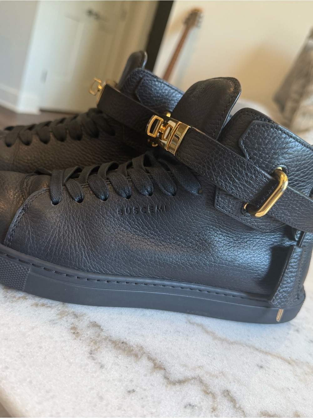 Buscemi Black Leather High-Top Sneakers with Gold Hardware Accents